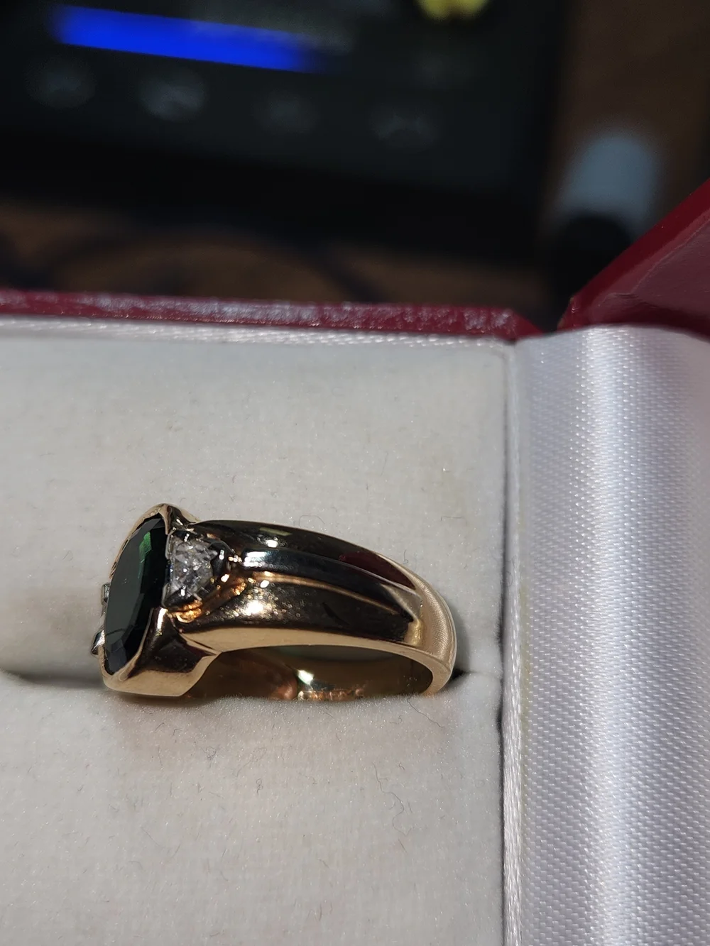 Gold Ring with Deep Green Tourmaline Stone and Trillion Diamond Accents
